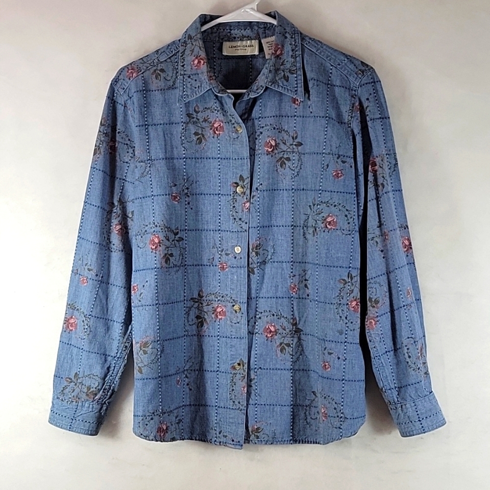 LEMON * GRASS Long Sleeve Button Down Floral Denim Shirt Size PL